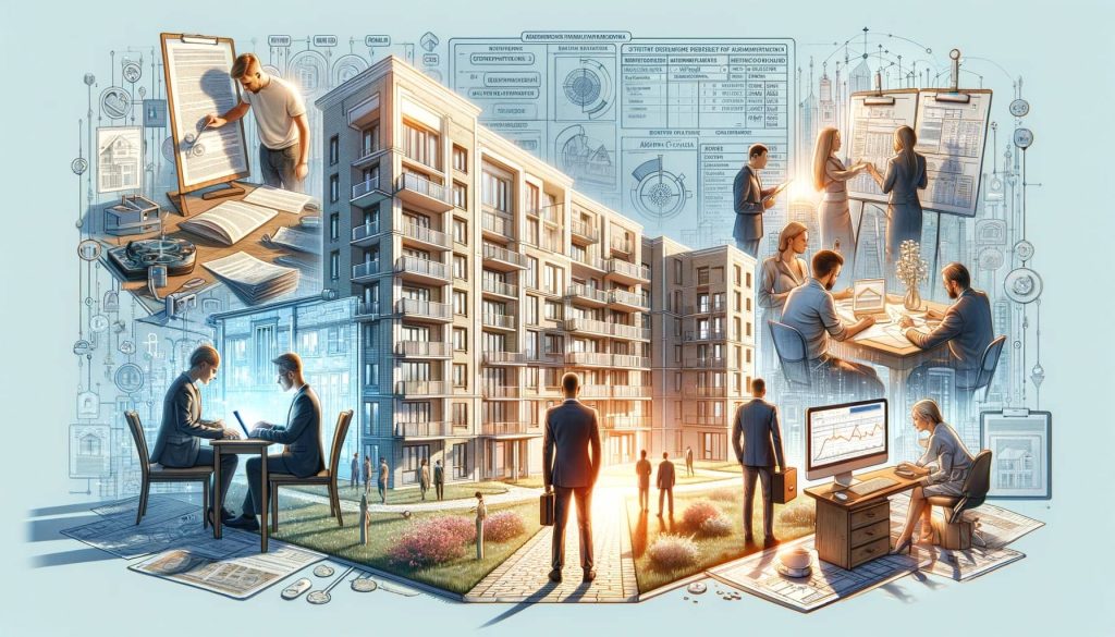 Яркое и реалистичное широкоформатное изображение, отображающее различные аспекты покупки квартиры, включая анализ истории объекта, проверку данных в ЕГРН, согласование собственников, изучение инженерных коммуникаций, анализ рыночных цен и чертежи здания