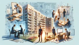 Яркое и реалистичное широкоформатное изображение, отображающее различные аспекты покупки квартиры, включая анализ истории объекта, проверку данных в ЕГРН, согласование собственников, изучение инженерных коммуникаций, анализ рыночных цен и чертежи здания