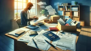 Человек тщательно пересматривает и организует набор документов на столе, включая паспорт, формы заявлений и различные сертификаты и письма